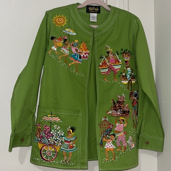 Bob Mackie Jackets & Blazers - Bob Mackie Green Cotton Denimlike rare Open embroidered Cardigan Jacket